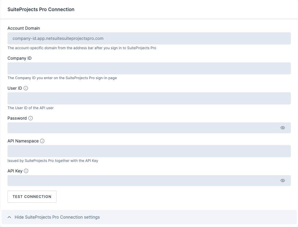 Screenshot - SuiteProjects Pro connection settings