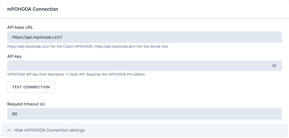 Screenshot - mPOHODA connection settings